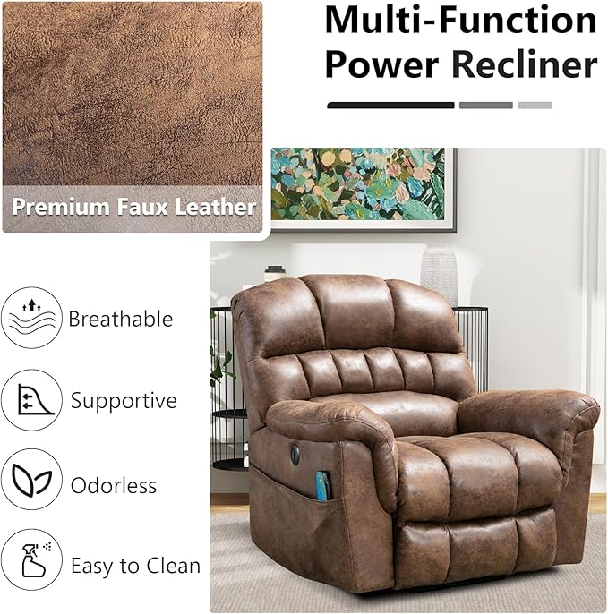 Power Lift Recliner Chair with Massage and Heat for Elderly, Faux Leather Electric Lifting Recliners with USB Port, Overstuffed Wide Reclining Sofa with Side Pockets for Living Room, Brown