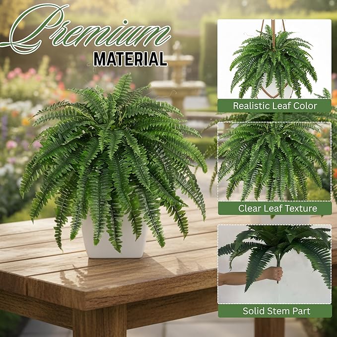 Trivon 28" Tall Outdoor Artificial Plants, Pack of 1 UV Resistant Artificial Boston Fern with 55 Branches, Faux Outdoor Flowers for Office & Living Room Decor, Fake Fall Mums Bush