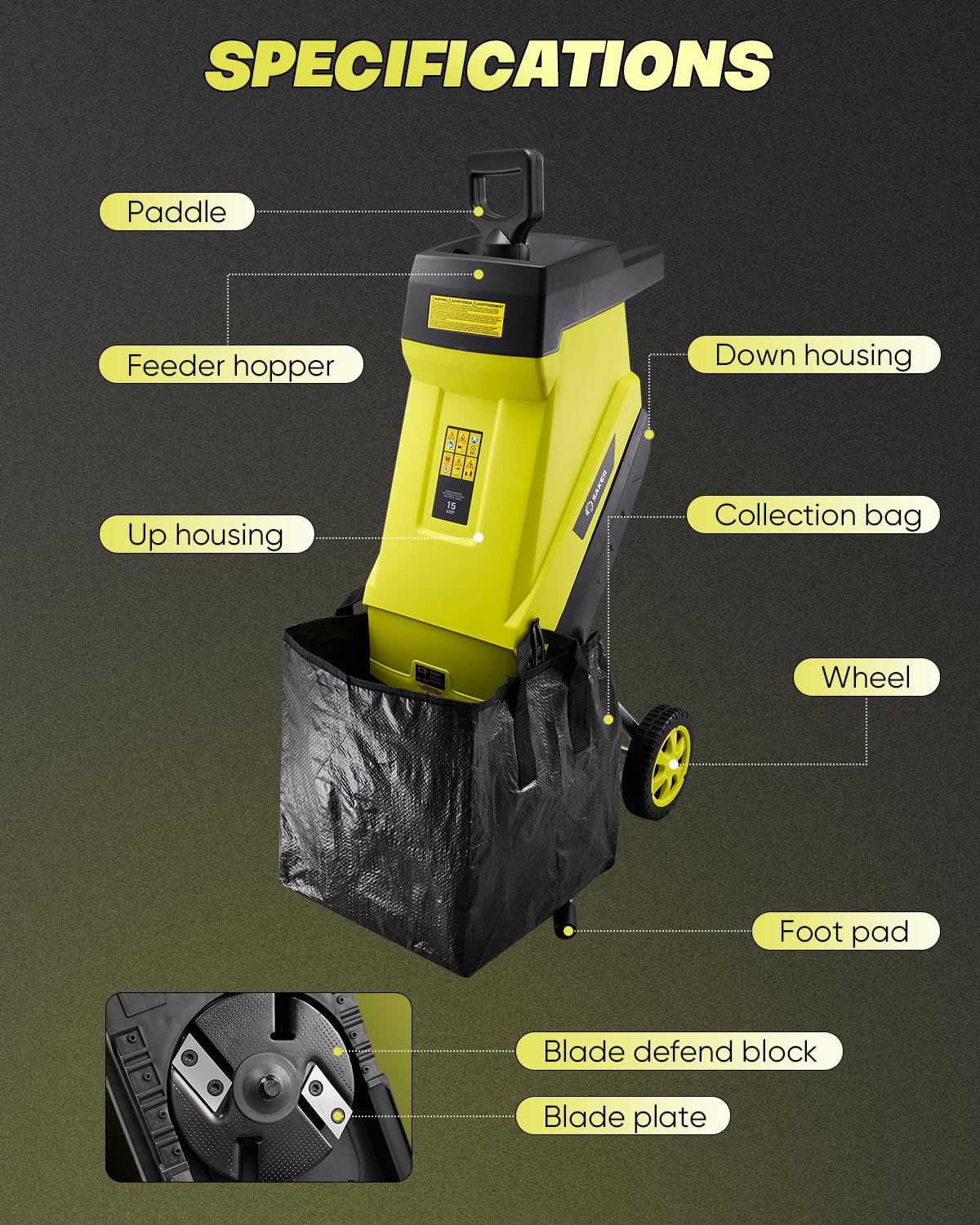 Saker Electric Wood Chipper Shredder 15-Amp Corded 1.8inch Cutting with Collection Bag Double-Sided Blade for Cutting Branches, Clippings, Yard Debris SK-TC110A