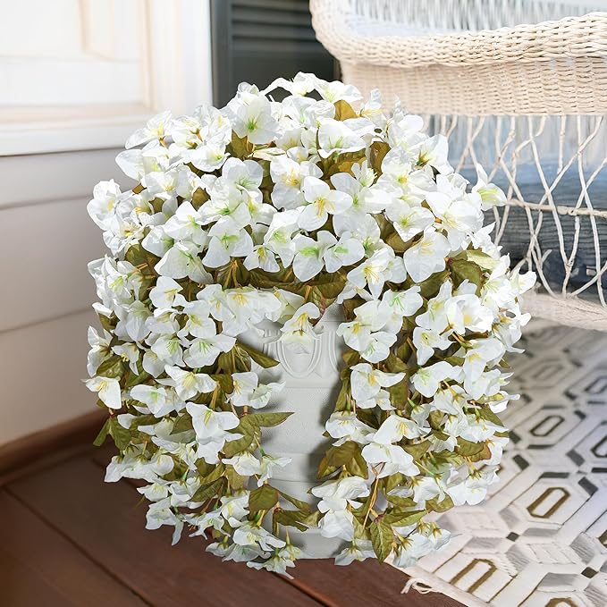 Bougainvillea Artificial Flowers Fake Plants for Outdoors Winter Decoration, 2 pcs Faux Long Trailing Vines UV Resistant Look Real White Silk Flowers for Outside Planter Front Door Porch Urn Yard Home