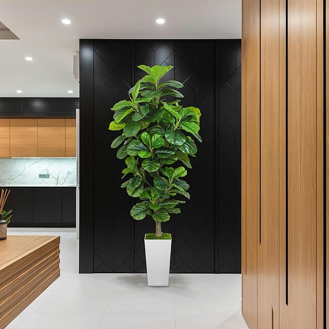 Artificial Fiddle Leaf Fig Tree 6ft, 6 Feet Large Tall Fake Plants Indoor with Modern Style Planter, Artificial Silk Tree for Home Office Living Room Decor Indoor, More Lifelike & Lush (White)