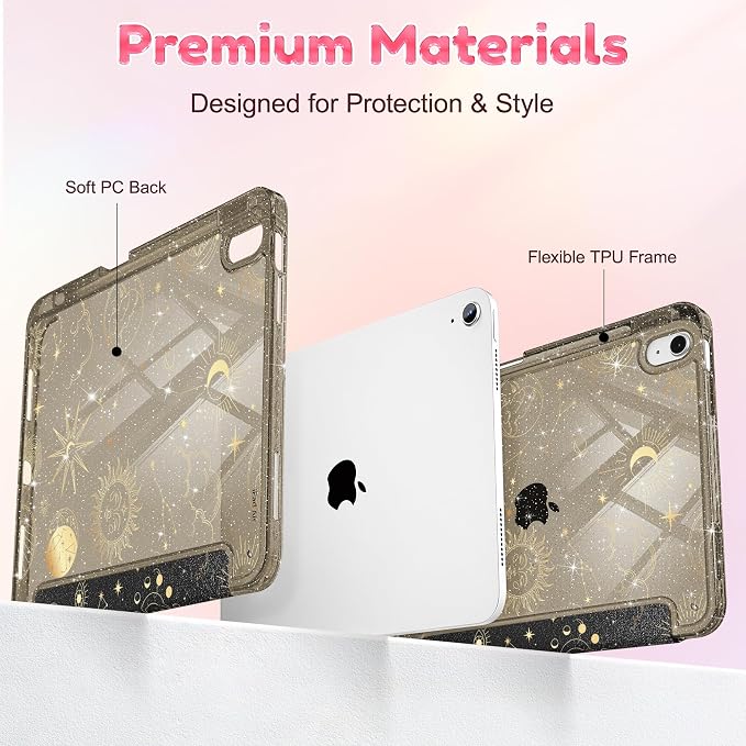 for iPad Air 11 inch M4/M3/M2 (2026/2025/2024) iPad Air 5th/4th Gen (2022/2020) 10.9 inch with Pencil Holder Glitter Clear Pretevtive Cover Auto Wake/Sleep Black Cartoon Stickers