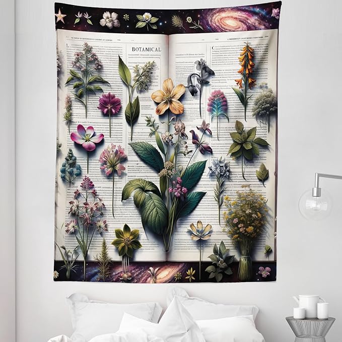 Ambesonne Botanic Tapestry Twin Size, Wildflowers on an Open Vintage Book with Galactic Milky Way Swirls, Wall Hanging Bedspread Bed Cover Wall Decor, 68" X 88", Forest Green and Multicolor