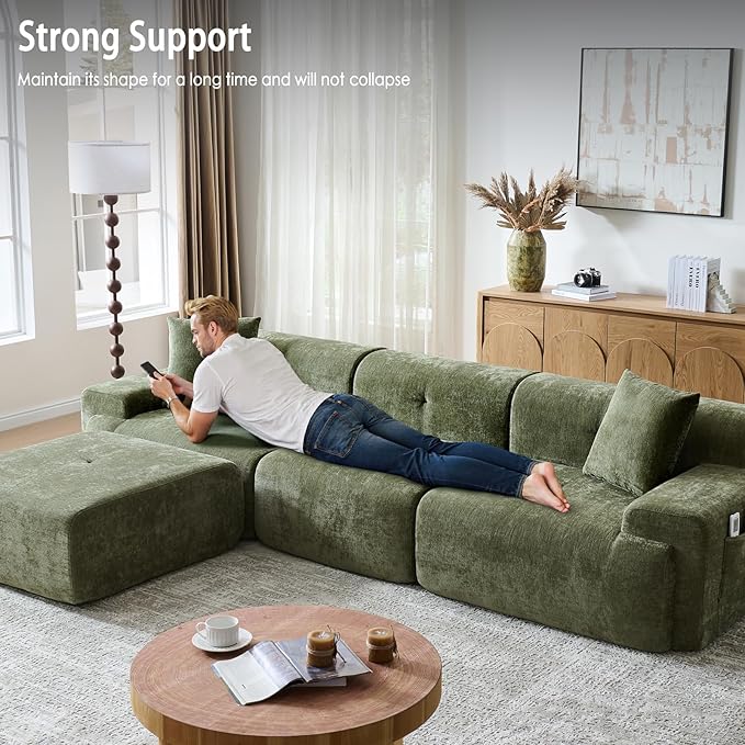 LIDYUK 118" Modern L-Shaped Boneless Couch Modular Sectional Sofa for Living Room, Chenille Upholstery Green, Oversized 3-Seater Sectional Couch with Deep Seat and Movable Ottoman, No Assembly