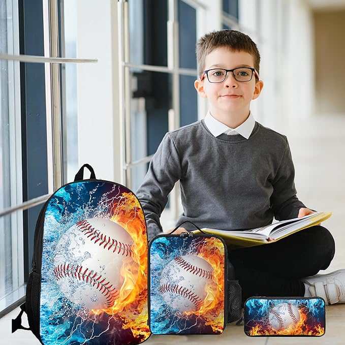 3PCS Baseball Backpack Set for Boys, Lightweight Large Backpack with Lunch Box & Pencil Case, Cool Sport Bookbag for Kids, Back to School Backpacks for Elementary & Middle School - 02