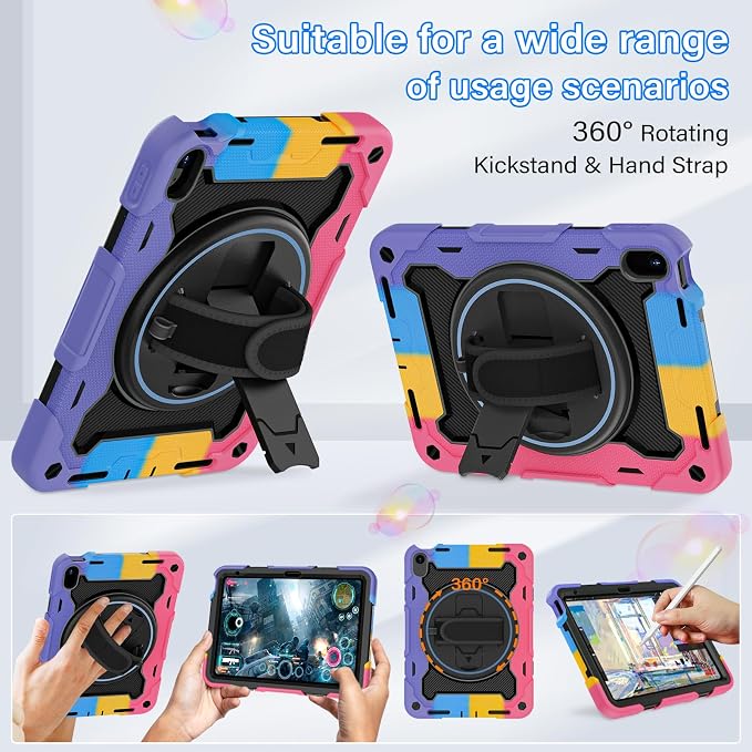 for iPad 9th 8th 7th Gen Case 10.2 inch with Screen Protector | 360° Rotating Kickstand Hand Strap Shoulder Strap Heavy Duty Military Grade - Kids Friendly