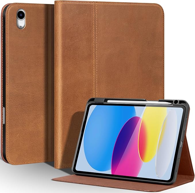 Leather Case for iPad (A16) 11th (11)/ 10th Generation (10.9) Full Grain LeatherProtective Smart Folio Cover with Pencil Holder Auto Sleep/WakeAnti Slip Black Silver