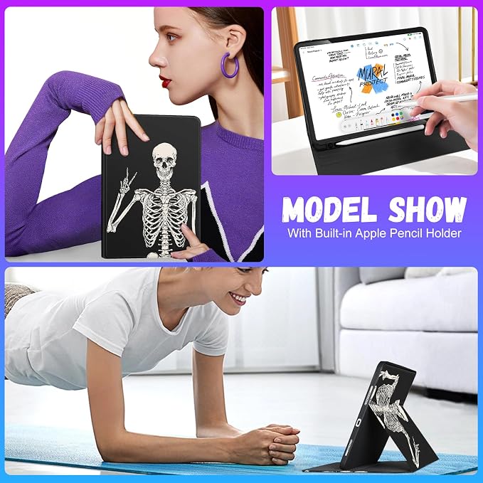Uppuppy for iPad Pro 12.9 Case Kids Folio PU Leather Cover with Apple Pencil Holder Auto Sleep/Wake Adjustable Angles for iPad Pro 12.9 6th/5th/4th/3rd Gen Sun Moon Black