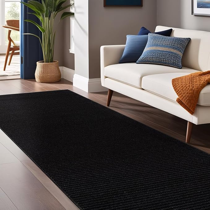 Non Slip Black Solid Rubber Back Thing Runner Rugs for Living Room 2x10 for Kitchen, Rug for Bedroom and Hallway, Stain Resistant Easy Cleaning Non Shedding Carpet Black 2 x 10