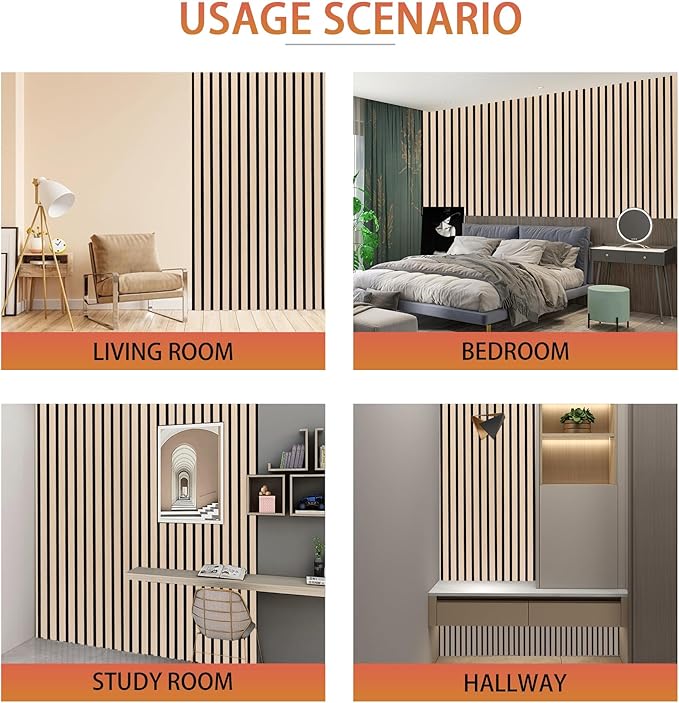 QDYMXUN Wood Slat Acoustic Wall Panels, 4-Pack 94.5'' x 7.9'' 3D Fluted Sound Absorbing Paneling for Interior Accent Wall Decor, Living Room (Natural Oak)