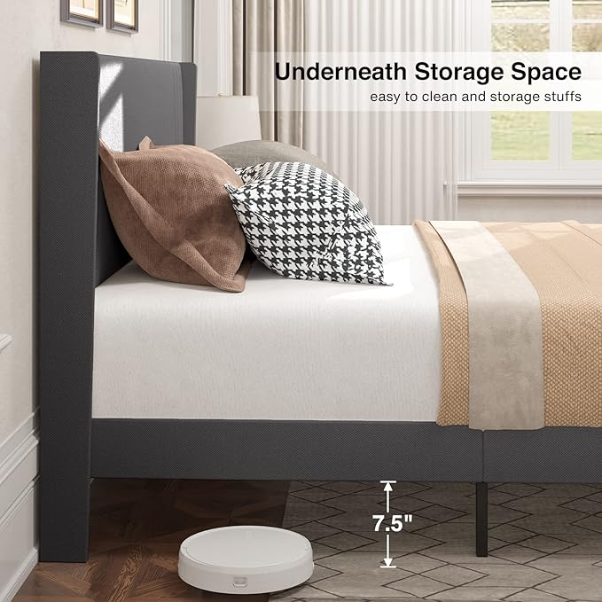 Gizoon Queen Bed Frame with Wingback Headboard, Upholstered Platform Bed with Modern Geometric Headboard, Wooden Slats, Noise-Free, No Box Spring Needed