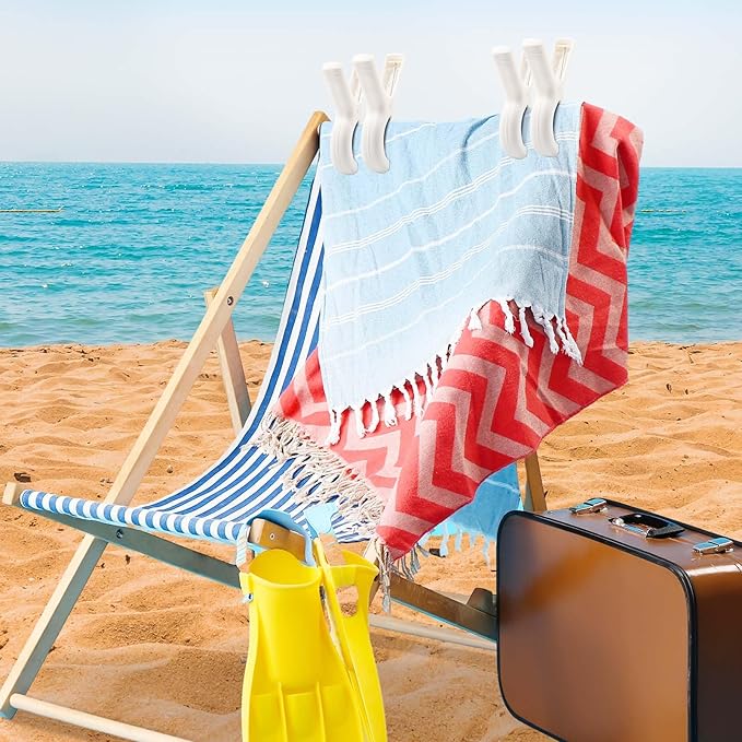 16 Pcs Beach Towel Clips for Beach Chairs, Towel Holder for Beach Chair Pool Chair on Cruise, Jumbo Size Heavy Duty Clothes Pins, Beach Chair Clips to Keep Your Towel from Blowing Away (White)