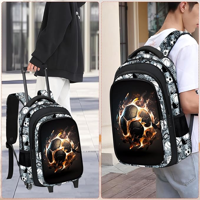Boys Rolling Backpack for Kids - Soccer Kids Rolling Backpack with Wheels for Elementary Middle School Students - Sport Roller School Bookbag Aged 6-18, Wheeled Travel Bag Large Capacity