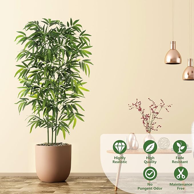 Artificial Tree Fake Plants, Artificial Bamboo Tree 5FT Tall in Black Potted, Artificial Tree Indoor Decor Bamboo Silk Tree with Natural Wood Trunk, for Home Office Living Room Modern