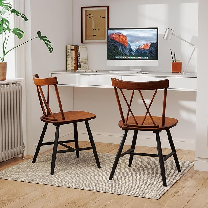 Giantex Windsor Dining Chairs Set of 2, Farmhouse Wooden Kitchen Chair w/Cross Back, Wide Seat, Rubber Wood Frame, Armless Side Chairs for Kitchen, Dining Room, Living Room, Restaurant, Dark Oak
