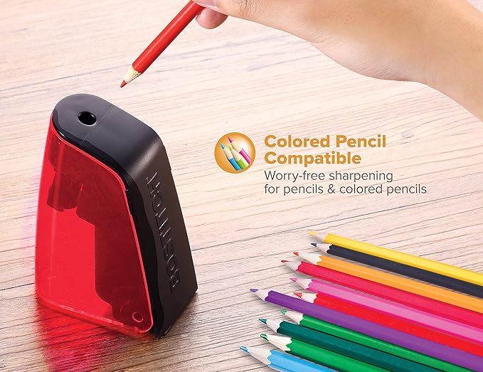 Bostitch Office Battery Powered Pencil Sharpener, Portable, Hinged Tray, Colored Pencil Compatible, Fits In Backpack & Most Pencil Cases, Red