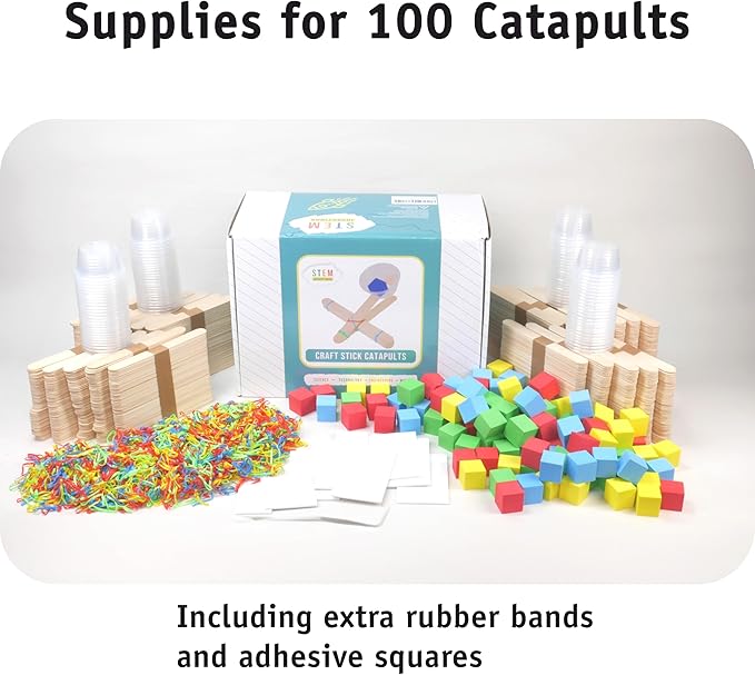 Catapults Kit – Supplies to Build 100 Mini Toy Catapults - Complete Bulk STEM Project Kit for Kids and Classrooms, Ages 8 and up