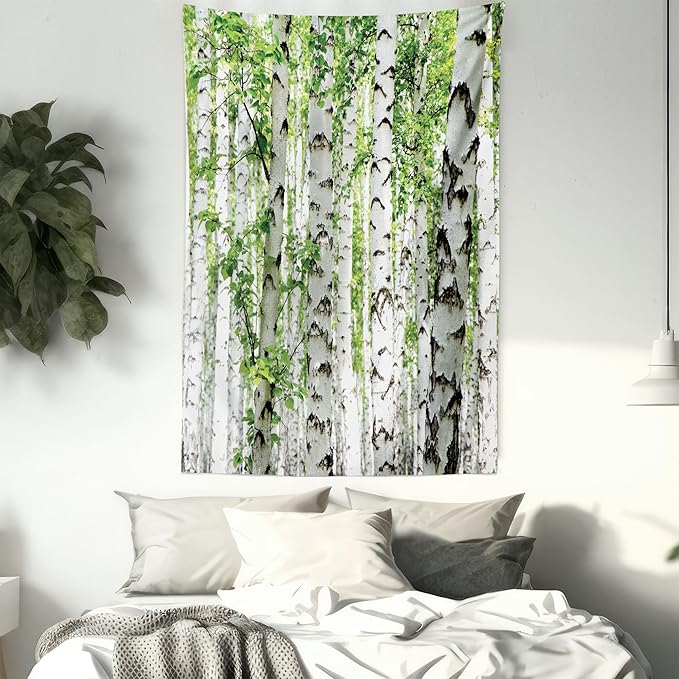 Ambesonne Woodland Tapestry, Birch Trees in The Forest Summertime Wildlife Nature Outdoors Themed Picture, Fabric Wall Hanging Decor for Bedroom Living Room Dorm, 23" X 28", White Green
