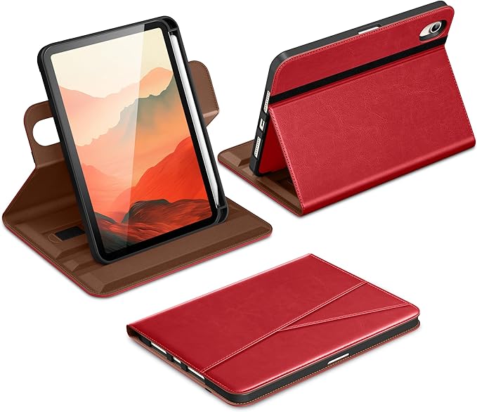 DTTO for iPad mini 7 A17 Pro 2024 aslo fit iPad mini 6 2021 Brown | 360 Degree Rotating Premium Faux Leather Folio Stand Cover with Pencil Holder Auto Sleep/Wake Multiple Angles Hand Strap