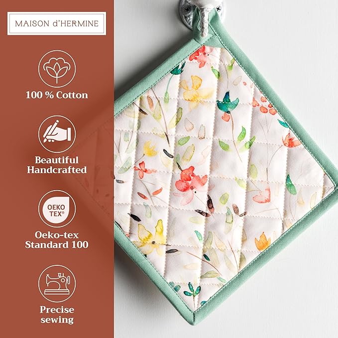 Maison d'Hermine Pot Holders 100% Cotton Heat Resistant Potholders 8" x 8" Hot Pads with Loop BBQ, Cooking, Baking, Grilling, Kitchen, Handling Hot Pans Spring/Summer (Pack of 1, Colmar)
