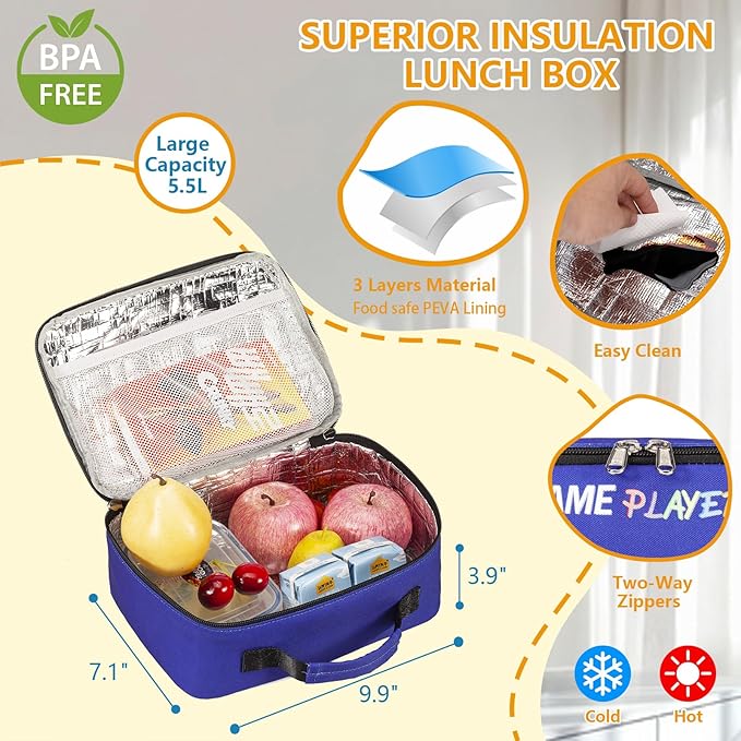 Kids Backpack Boys Gamer Backpack with Lunch Box Kindergarten Elementary Middle School Travel Sport Gaming Bookbag for Boys Girls Ages 4-14, Gamer Blue