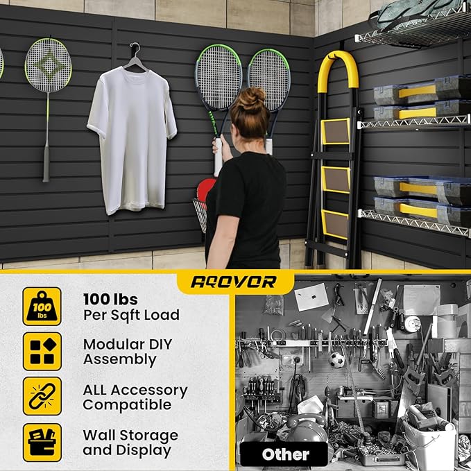 Slat Wall Paneling 4x8 FT, PVC Slat Wall Panels Heavy-Duty Garage Organization System with Hooks & Accessories, Slatwall Pegboard Suitable for Home、Garage、Shop Display & Organization (Black)