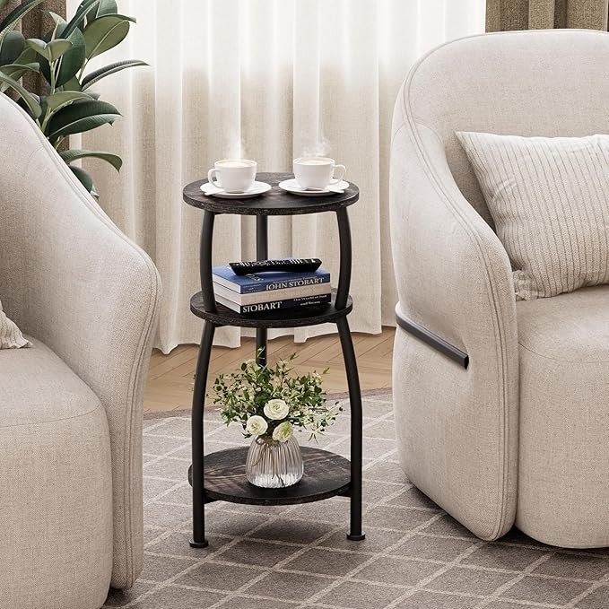 Small Round Side Table, 3-Tier End Table with Storage Shelf, Slim Sofa Table Coffee Table, Sturdy & Easy Assemble Nightstand for Small Spaces, Living Room Bedroom Corner, Oak Dark