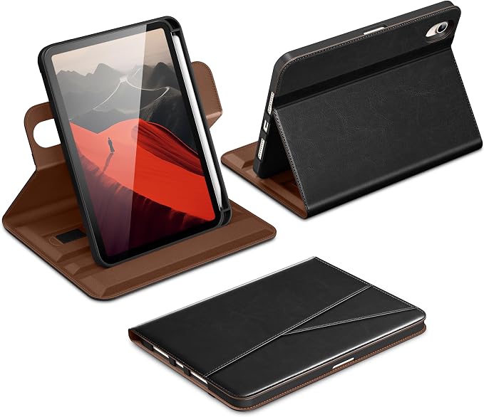 DTTO for iPad mini 7 A17 Pro 2024 aslo fit iPad mini 6 2021 Brown | 360 Degree Rotating Premium Faux Leather Folio Stand Cover with Pencil Holder Auto Sleep/Wake Multiple Angles Hand Strap
