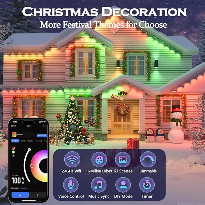 wowlite Permanent Outdoor Christmas Lights 100FT, RGB+IC Smart Eave Lights with 72 LEDs, IP67 Waterproof, 110+ Scene Modes for House, Daily & Holiday Decorations, Works with Alexa & Google