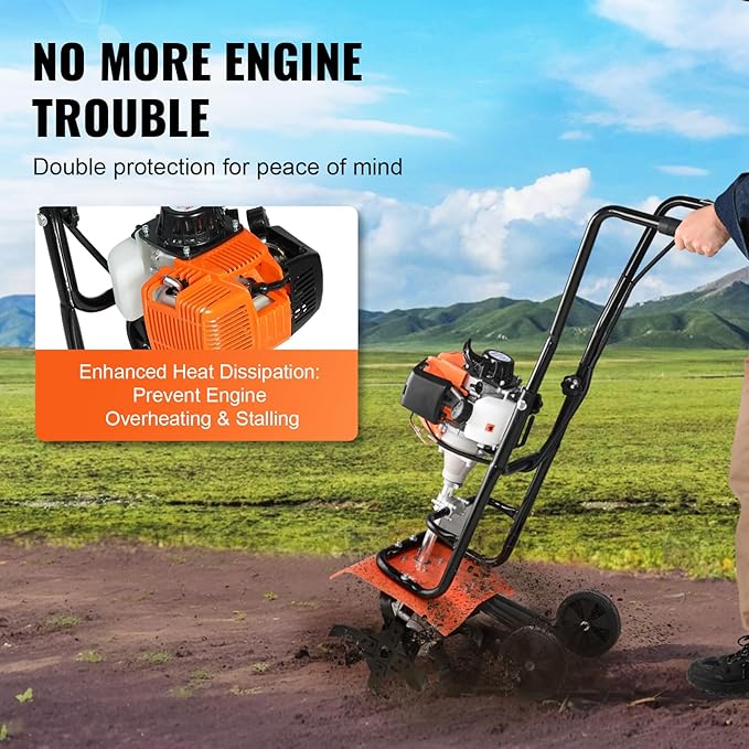 VEVOR Tiller Cultivator, 31CC 4-Stroke Garden Cultivator, Tiller with 4 Steel Adjustable Front Tines for Lawn, Garden and Field Soil Cultivation, Orange