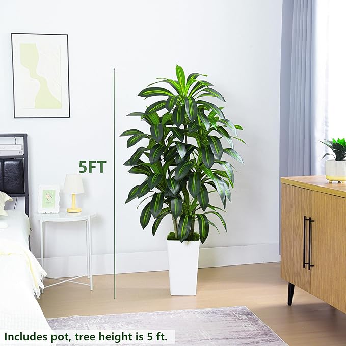 Artificial Dracaena Plant Indoor Fake Tree, Tall Fake Floor Plants with White Planter, Artificial Yucca Tree for Home Office Living Room Bedroom Farmhouse Modern Outdoor Topiary Tree (6 Trunks 5FT)