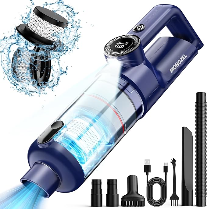 MONOZEL Handheld Vacuum Cordless - Car Vacuum Cleaner with Brushless Motor, 15kPa Powerful Suction Vacuum with LED Light, Type C Port, 2 Fliters, Portable Hand Vacuum for Home, Pet and Car