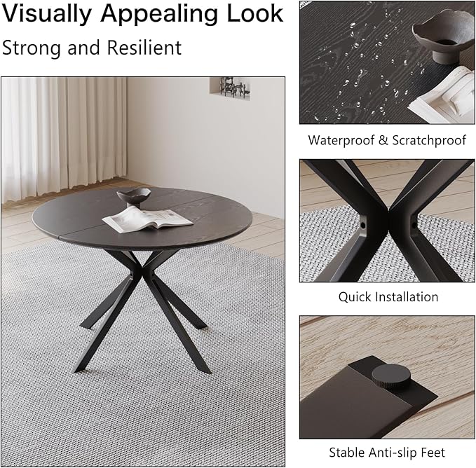 46.4" Round Dining Table, Mid Century Modern Round Dining Room Table for 4-6 with Metal Legs, Easy Assembly Coffee Table, Space-Saving Design for Kitchen and Dining Room