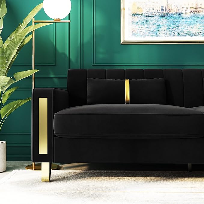 Couch 85.62" 3 Seats Sectional Velvet Fabric Sofa Easy Assemble Sofa Bed with 2 Couch Pillows,Gold Metal Legs for Living Room (P17, Black)