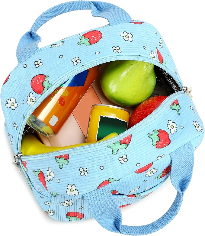 LEDAOU Lunch Box for Women Insulated Lunch Bag Corduroy Lunch Tote Bags Leakproof Cooler Lunch Case for Travel Work Picnic (Blue Strawberry)