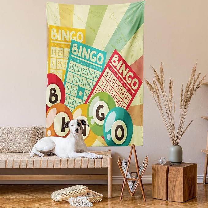 Ambesonne Vintage Tapestry, Bingo Game with Ball and Cards Pop Art Lottery Hobby Celebration Theme, Wall Hanging for Bedroom Living Room Dorm Decor, 40" X 60", Teal Multicolor