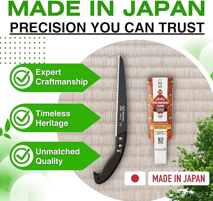 Saboten Japanese Pruning Saw 9.4 in (240mm) – Fluorine-Coated High-Carbon Steel Blade, 7.5mm Tooth Pitch, Smooth Pull Cuts, Wooden Handle, Wood Sheath Included, Made in Japan