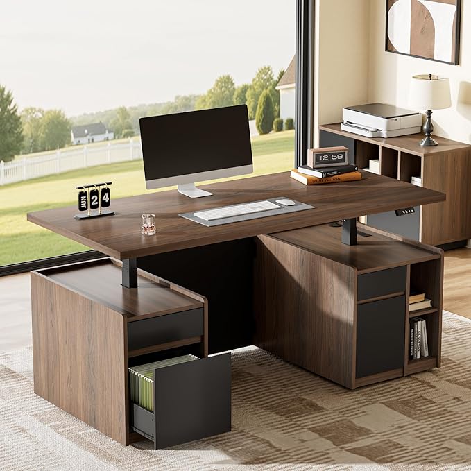 Executive Standing Desk with Drawers & Storage, 71'' Adjustable Electric Stand Up Wood Desk with Privacy Panel, AC/USB, File Cabinet, Large One-Piece Destop for Home Office, Black Walnut