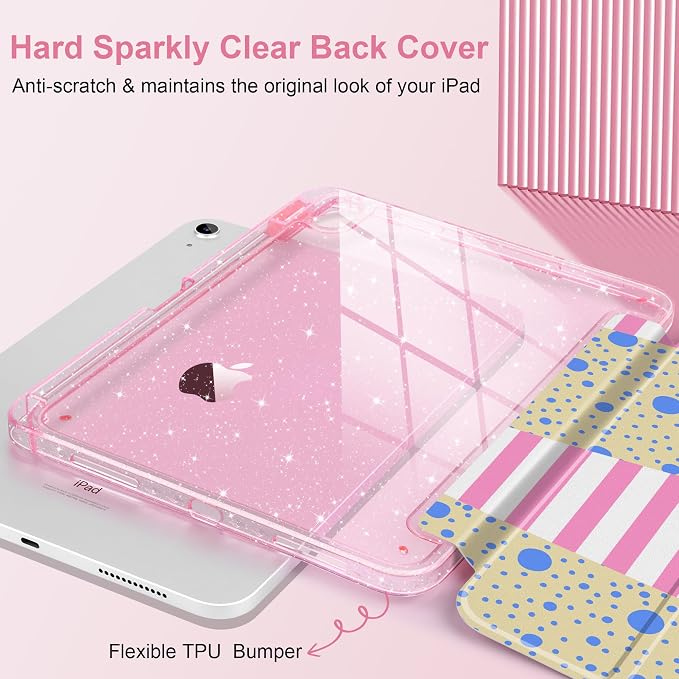 MEEgoodo Case for iPad A16 11th Generation 2025/10th Generation 2022 Glitter Tablet Cases with Transparent Acrylic Back+Trifold Stand +Pencil Holder+Auto Wake/SleepAbstract Sun &amp Palm Tree