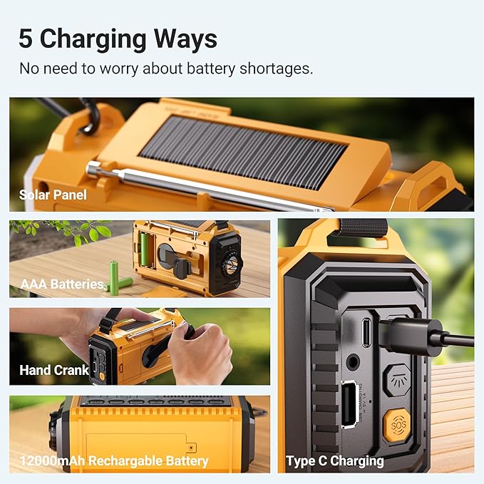Mesqool 12000 Emergency Radio, Auto Digital Weather Radio NOAA/AM/FM/SW Battery Backup Crank with Flashlight Phone Charger, Portable Solar Powered Radio Backlit LCD Display, SOS