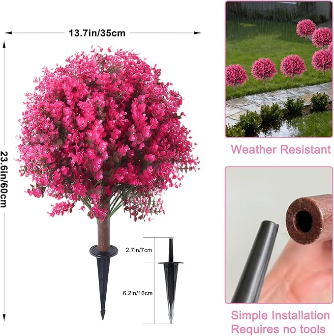 Set of 2 Artificial Boxwood Topiary Ball Trees, 23.6" Fake Tree with Ground Spike, UV Resistant Artificial Bushes, Fake Plants for Porch, Outdoors, Indoor, Garden and Patio (Pink)