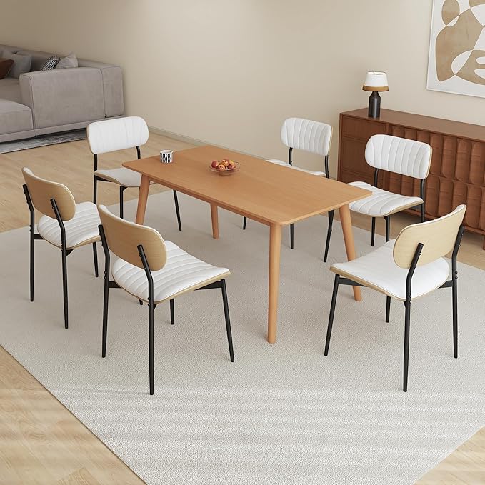 Modern PU Leather Dining Room Chairs Set of 6, Upholstered Kitchen Chairs with Curved Wood Backrest and Metal Legs Adjustable Feet for Kitchen Dining Room(White)