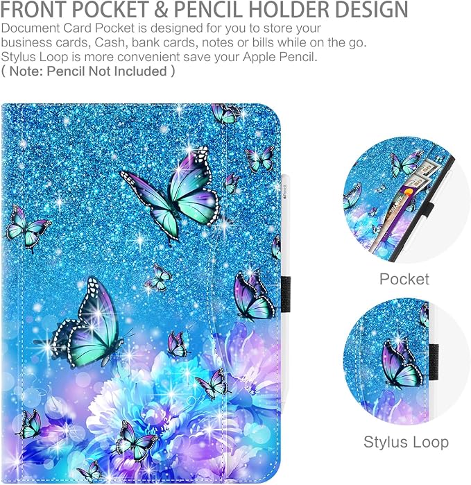 Case for iPad Air 13-inch M4/M3/M2 iPad Pro 12.9 6th/5th/4th/3rd Generation Case with Pencil Holder Multi-Angle Adjustable Stand Shockproof Pocket/Hand Strap/Auto Wake Sleep Sunflowers Butterfly