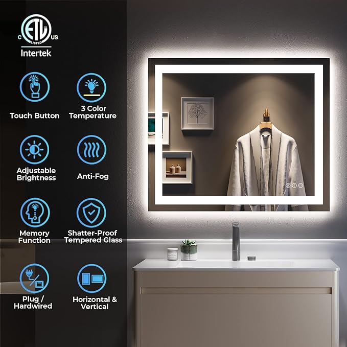 YEELAIT 36x30 Inch LED Bathroom Mirror with Lights Front and Backlit Lighted Vanity Mirror for Bathroom Wall with 3 Colors Dimmable Anti-Fog Memory Shatter-Proof IP54 Waterproof Horizontal/Vertical