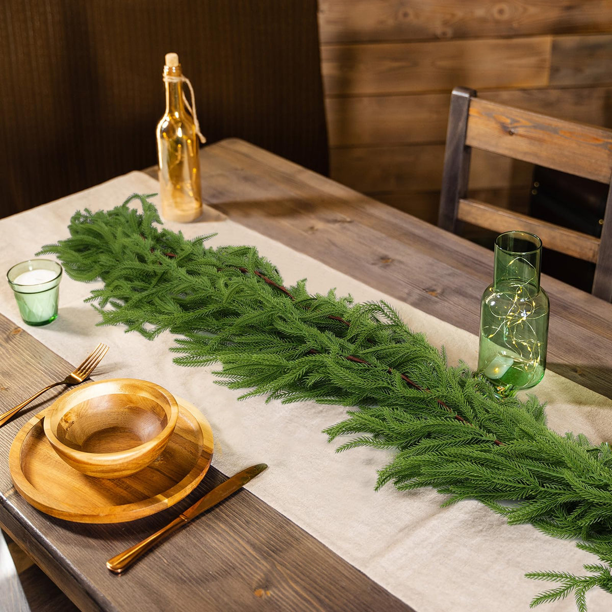 Hananona 2 Pcs 6 Ft Artificial Norfolk Pine Garlands, Real Touch Winter Pine Garland, Green Artificial Greenery Garland for Table, Mantle, Wall, Indoor, Outdoor Christmas Decorations (2, 6 FT)