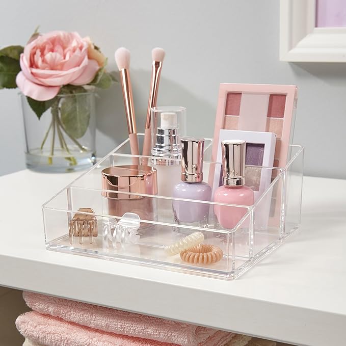 STORi Clear Plastic Small Countertop Vanity Makeup Organizer, Compact Rectangular 4-Compartment Holder for Brushes, Eyeshadow Palettes, & Beauty Supplies, Made in USA