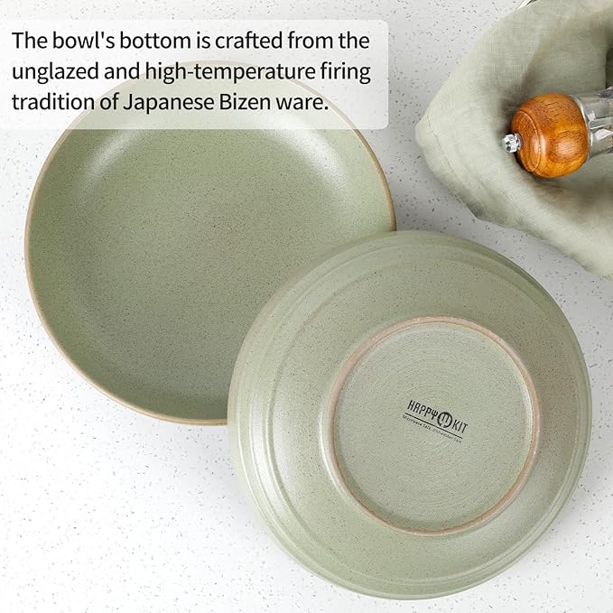 HAPPY KIT 9'' Pasta Bowls, 42oz Pasta Bowls Set of 4, Large Salad Bowl, Ceramic Serving Bowls,Double Reactive Glaze, Ideal for Housewarming, Festivals, Microwave Safe (Willow Green)