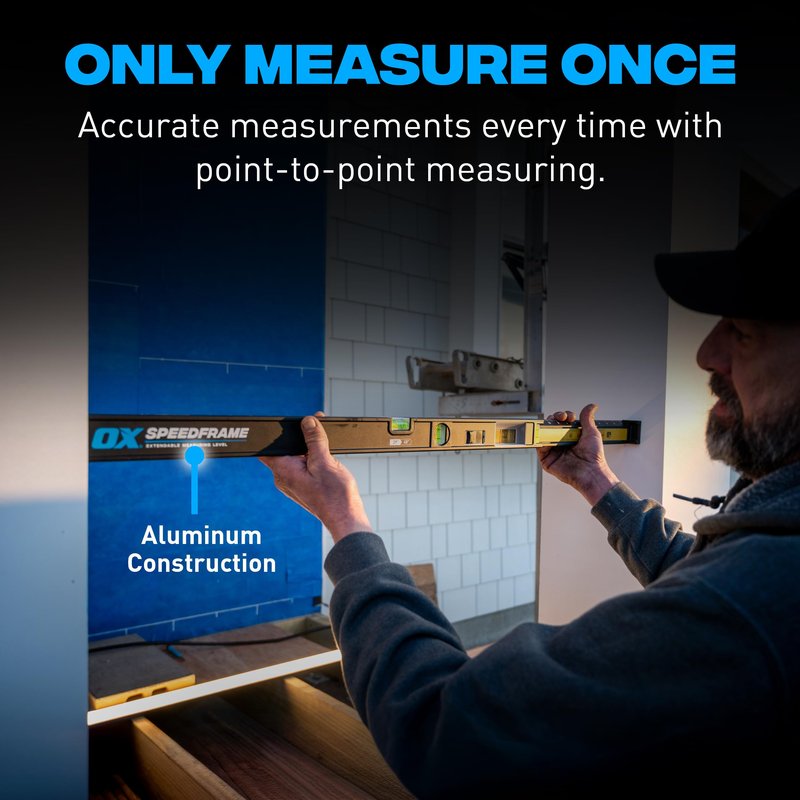 OX Pro 78"-144" Speedframe Measuring Extendable Level with Twin-Rail Extension - 6 Level Vials and Measuring Scale Window