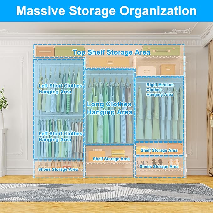 Ulif E13 Heavy Duty Clothes Rack（With 4 Hanger Rods & 8 Shelves） Freestanding Clothing Racks for Hanging Clothes，Adjustable Closet Organizer，Metal Garment Rack 63" W x16 D x77 H，Max Load 900LBS，White