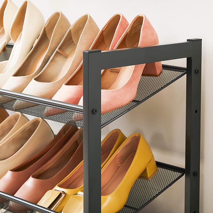 SONGMICS Shoe Rack, 3-Tier Shoe Organizer, Metal Shoe Storage for Garage, Stackable Shoe Shelf, with Adjustable Flat or Angled Shelves, 9-12 Pairs, Charcoal Gray ULMR03GB